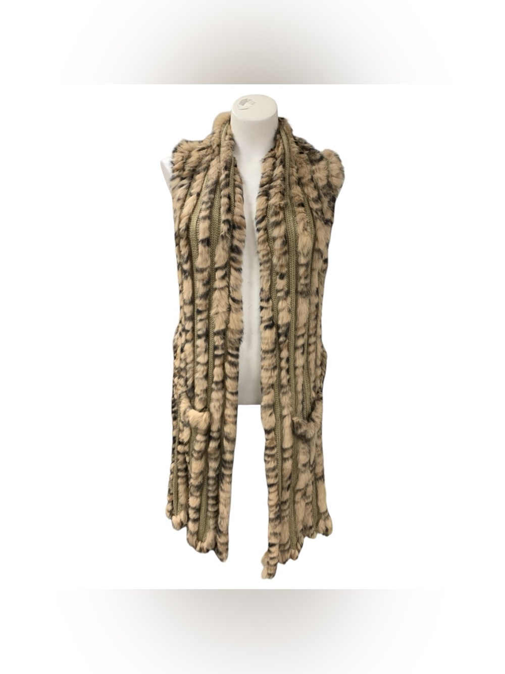 Love Token Long Faux Fur Vest in Beige and Black Pattern Size O/S